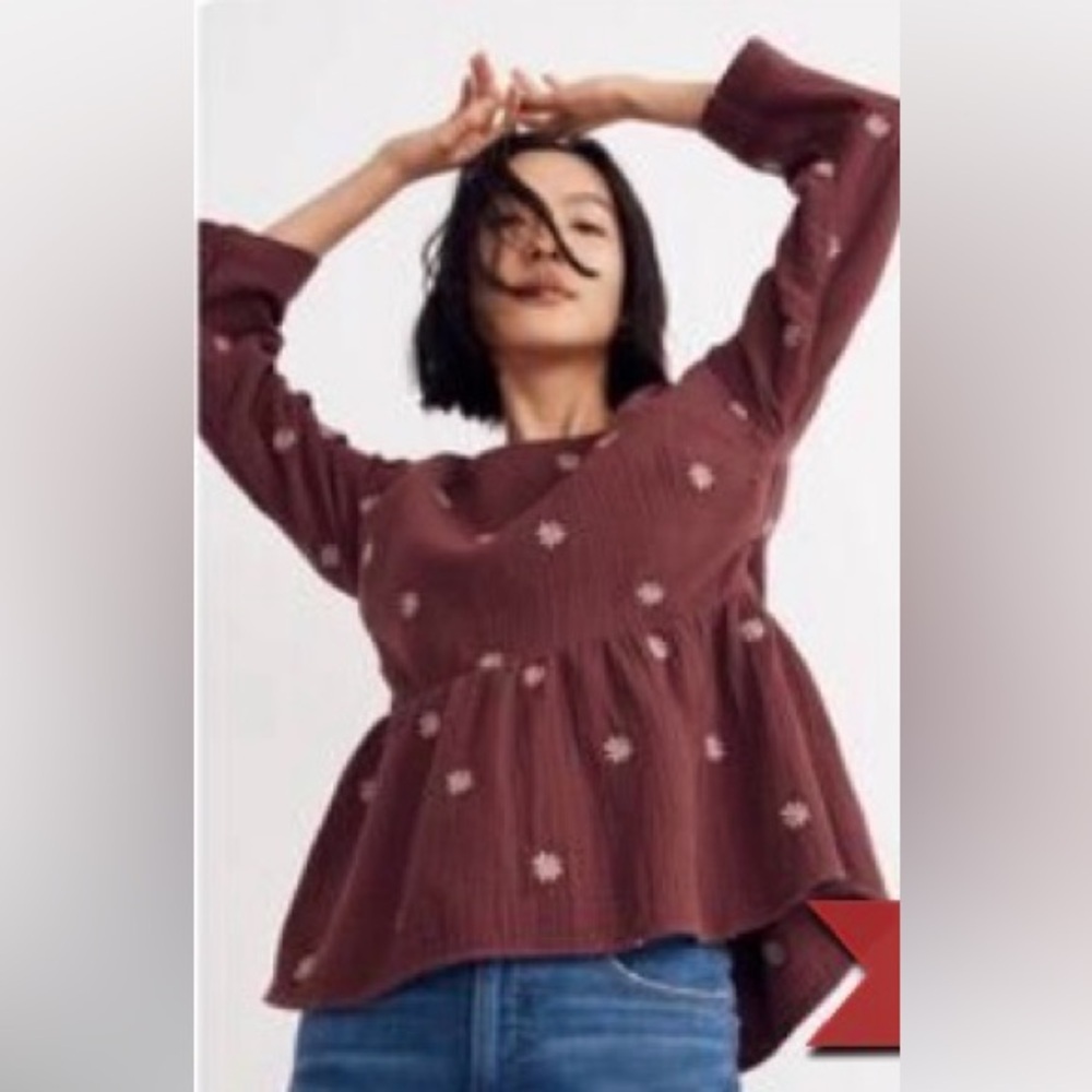 Madewell Embroidered Lightspun Peplum Open Back Top Women Small